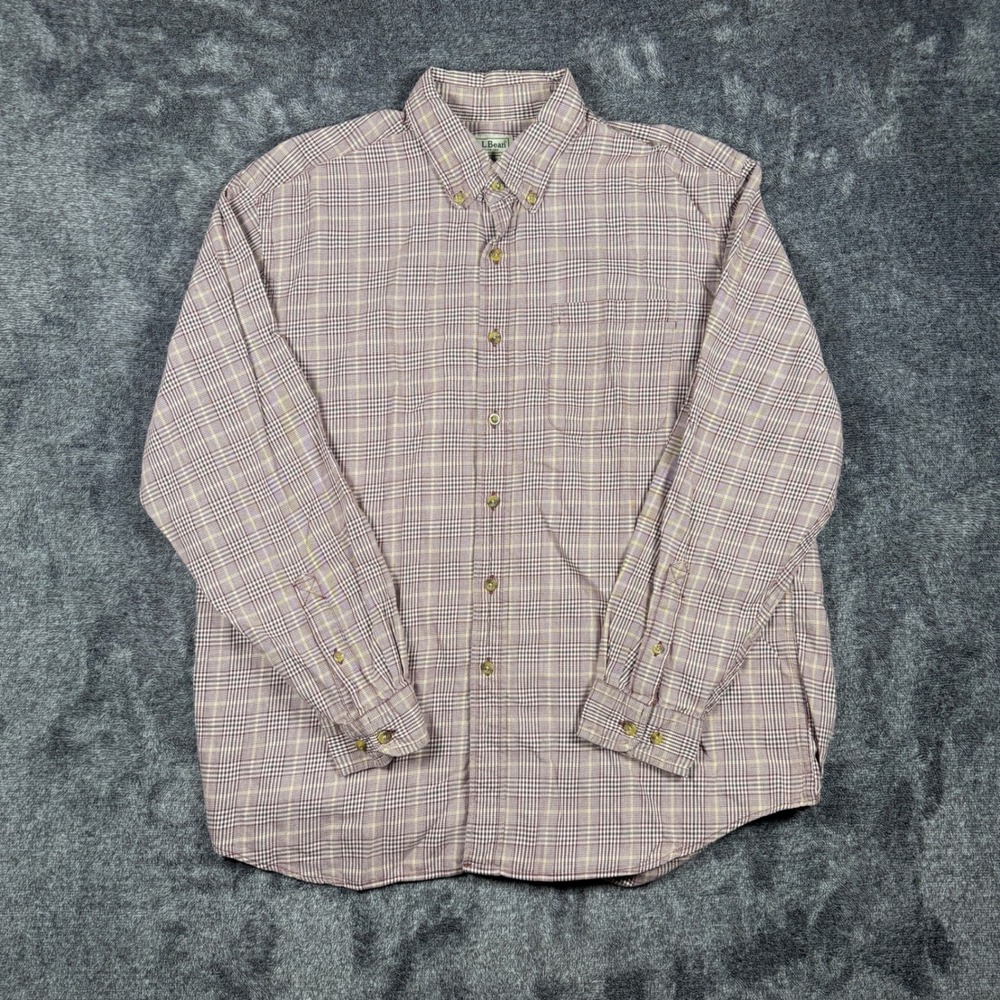 LL Bean Mens Large Cotton Wool Blend Plaid Button Down Shirt Burgundy 0JTN3